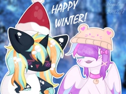 Size: 1280x960 | Tagged: safe, artist:hoochuu, imported from derpibooru, oc, oc only, pegasus, pony, unicorn, blushing, chibi, christmas, collar, commission, duo, eyes closed, hat, holiday, horn, outdoors, pegasus oc, santa hat, smiling, unicorn oc, wings, ych result