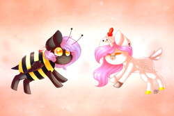 Size: 2000x1333 | Tagged: safe, artist:prettyshinegp, imported from derpibooru, oc, oc only, alicorn, pegasus, pony, abstract background, alicorn oc, animal costume, bee costume, chicken suit, clothes, costume, duo, female, horn, mare, pegasus oc, wings
