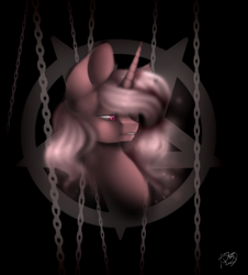 Size: 902x1000 | Tagged: safe, artist:prettyshinegp, imported from derpibooru, oc, oc only, pony, unicorn, abstract background, bust, chains, female, horn, mare, signature, solo, unicorn oc