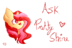 Size: 1500x1000 | Tagged: safe, artist:prettyshinegp, imported from derpibooru, oc, oc only, oc:pretty shine, pony, unicorn, ask, bust, eye clipping through hair, female, horn, mare, signature, simple background, smiling, solo, unicorn oc, white background