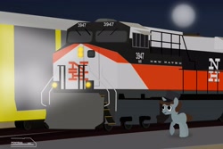 Size: 4096x2734 | Tagged: safe, artist:ponyrailartist, imported from derpibooru, oc, oc only, oc:coaldust, pony, unicorn, night, solo, train, train tracks