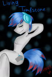 Size: 1181x1748 | Tagged: safe, artist:diankave, imported from derpibooru, oc, oc only, oc:the living tombstone, earth pony, semi-anthro, abstract background, arm behind head, earth pony oc, eyes closed, headphones, male, sitting, smiling, solo