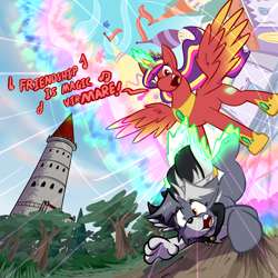 Size: 4000x4000 | Tagged: safe, artist:virmir, imported from derpibooru, oc, oc only, oc:princess hotcakes, oc:radiant hotcakes, oc:virmare, oc:virmir, alicorn, fox, pony, unicorn, canterlot, cape, clothes, forest, furry, furry oc, furry to pony, male to female, portal, rule 63, singing, tower, transformation, transgender transformation