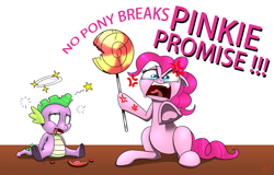 Size: 2135x1368 | Tagged: safe, artist:questionmarkdragon, imported from derpibooru, pinkie pie, spike, dragon, earth pony, pony, pinkie pride, season 4, abuse, angry, candy, circling stars, cross-popping veins, dizzy, duo, faic, female, food, go to sleep garble, hoof hold, lollipop, looking at you, male, mare, pinkie prick, pinkie promise, pointing at you, shitposting, simple background, spikeabuse, underhoof, white background