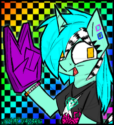 Size: 1102x1214 | Tagged: safe, artist:xxv4mp_g4z3rxx, imported from derpibooru, lyra heartstrings, pony, unicorn, :p, alternate design, alternate hairstyle, bracelet, checkered background, ear piercing, eyestrain warning, female, foam finger, gauges, i set my friends on fire, jewelry, mare, necklace, piercing, scene, signature, solo, tongue out