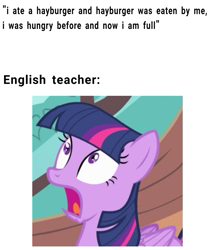 Size: 1266x1477 | Tagged: safe, edit, edited screencap, editor:dematrix-edit, imported from derpibooru, screencap, twilight sparkle, alicorn, pegasus, pony, three's a crowd, engrish, female, mare, meme, missing horn, open mouth, pegasus twilight sparkle, race swap, reaction image, shitposting, shocked, text, twilight sparkle (alicorn)