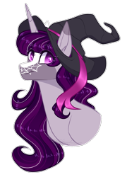 Size: 1297x1800 | Tagged: safe, artist:purplegrim40, imported from derpibooru, oc, oc only, pony, unicorn, bust, female, hat, horn, mare, simple background, solo, transparent background, unicorn oc, witch hat