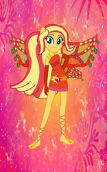 Size: 885x1419 | Tagged: safe, artist:ketrin29, artist:user15432, imported from derpibooru, sunset shimmer, fairy, human, equestria girls, alternate hairstyle, barefoot, barely eqg related, base used, clothes, crossover, cutie mark on clothes, dress, enchantix, fairy wings, fairyized, feet, gloves, hand on hip, hibiscus, long gloves, long hair, looking at you, ponied up, red background, red dress, red wings, simple background, solo, sparkly background, wings, winx, winx club, winxified