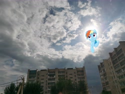 Size: 7296x5472 | Tagged: safe, artist:ruslan nasretdinov, imported from derpibooru, photographer:ruslan nasretdinov, rainbow dash, pegasus, pony, the ticket master, 8k, absurd resolution, goddess, irl, photo, scene interpretation, sky, ufa