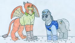 Size: 961x548 | Tagged: safe, artist:jose-ramiro, imported from derpibooru, earth pony, griffon, pony, crossover, duo, female, griffonized, judy hopps, male, mare, nick wilde, police uniform, policemare, ponified, species swap, traditional art, zootopia