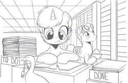 Size: 1382x902 | Tagged: safe, artist:nauyaco, imported from derpibooru, oc, oc only, bird, goose, pony, female, folder, male, mare, monochrome, office, plug, scanner, stallion, tongue out, untitled goose game