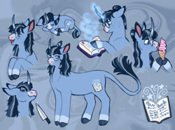 Size: 1280x951 | Tagged: safe, artist:s0ftserve, imported from derpibooru, oc, oc:rainy morning, pony, unicorn, ambiguous gender, book, food, ice cream, magic, reference sheet, solo