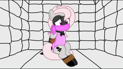 Size: 1192x670 | Tagged: safe, artist:php103, artist:sonicrock56, imported from derpibooru, oc, oc:violet, earth pony, pony, animated at source, bondage, bound and gagged, cloth gag, damsel in distress, gag, over the nose gag, padded cell, superhero, tied up