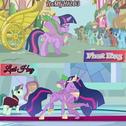 Size: 1920x1920 | Tagged: safe, edit, edited screencap, editor:itsmgh1203, imported from derpibooru, screencap, blue october, blueberry muffin, bon bon, doctor whooves, meadow song, professor mossmane, professor mosstone, spike, spring melody, sprinkle medley, sweetie drops, time turner, twilight sparkle, alicorn, dragon, earth pony, pegasus, pony, unicorn, friendship is magic, season 1, season 9, the last problem, spoiler:s09, crown, eyes closed, female, gigachad spike, hug, jewelry, magic, male, mare, night shade, older, older spike, older twilight, open mouth, open smile, princess twilight 2.0, regalia, smiling, spread wings, stallion, telekinesis, text, twilight sparkle (alicorn), unicorn twilight, winged spike, wings