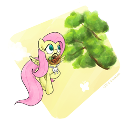 Size: 2048x2048 | Tagged: safe, artist:widelake, imported from derpibooru, angel bunny, fluttershy, pegasus, pony, basket, bread, food, mouth hold, picnic, simple background, solo, tree, white background