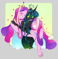 Size: 1389x1394 | Tagged: safe, artist:stevetwisp, imported from derpibooru, princess cadance, queen chrysalis, alicorn, anthro, changeling, changeling queen, human, equestria girls, blushing, blushing profusely, cadalis, clothes, crown, cuddling, curved horn, cute, cutealis, dean cadance, dress, eyes closed, eyeshadow, female, grin, happy, heart, horn, hug, infidelity, jewelry, lesbian, long nails, makeup, nail polish, nervous, peytral, regalia, shipping, smiling, the fun has been doubled, wavy mouth