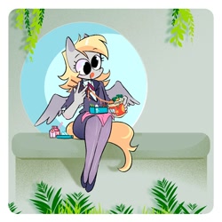 Size: 1500x1500 | Tagged: safe, artist:stevetwisp, imported from derpibooru, derpy hooves, anthro, chopsticks, clothes, cute, derpabetes, egg, female, flats, food, lunch, mare, noodles, office lady, pot noodle, shoes, sitting, skirt, solo, stockings, straw, strawberry milk, suit, thigh highs, tongue out, winged anthro, wings