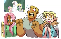 Size: 1280x814 | Tagged: safe, artist:stevetwisp, imported from derpibooru, screencap, bulk biceps, derpy hooves, fluttershy, human, pegasus, rainbow falls, blackwashing, clothes, dark skin, ear piercing, faic, gasp, humanized, piercing, scene interpretation, screaming, screencap reference, sweater, tumblr style, winged humanization, wings