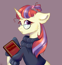 Size: 3600x3800 | Tagged: safe, artist:ske, imported from derpibooru, moondancer, pony, unicorn, aside glance, book, bust, clothes, ear fluff, female, floppy ears, glasses, half body, high res, jagermeister, leg hold, looking at you, mare, messy mane, open mouth, purple background, simple background, solo, sweater, three quarter view