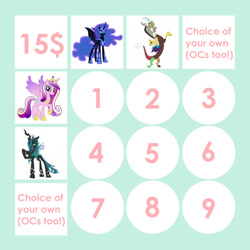 Size: 894x894 | Tagged: safe, artist:auditadopts, imported from derpibooru, discord, nightmare moon, princess cadance, queen chrysalis, oc, alicorn, changeling, draconequus, adoptable