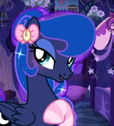 Size: 1080x1192 | Tagged: safe, artist:cstrawberrymilk, imported from derpibooru, princess luna, alicorn, pony, bed, clothes, cushion, female, flower, glitter, hair accessory, lidded eyes, looking at you, show accurate, socks, solo, striped socks