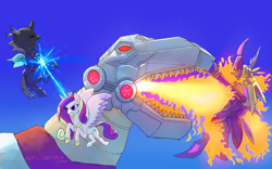 Size: 1280x798 | Tagged: safe, artist:grissaecrim, imported from derpibooru, princess cadance, alicorn, changeling, pony, robot, blast, blue background, canterlot wedding 10th anniversary, crossover, fall of cybertron, female, fight, fire, fire breath, flying, grimlock, insecticon, magic, magic beam, magic blast, mare, simple background, transformers