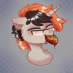 Size: 2000x2000 | Tagged: safe, artist:raily, imported from derpibooru, oc, pony, unicorn, eating, food, fritter, glasses, jam, solo