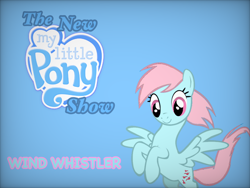 Size: 1024x768 | Tagged: safe, artist:tony hasbro, imported from derpibooru, wind whistler, pegasus, pony, series:the new my little pony show, blue background, blue text, crossover, cute, female, g1, g1 to g4, g4, generation leap, mare, open mouth, open smile, parody, simple background, smiling, solo, text, the new woody woodpecker show, voice, whistlerbetes, woody woodpecker (series)