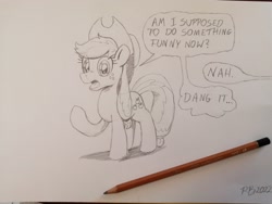 Size: 4096x3072 | Tagged: safe, artist:pony-berserker, imported from derpibooru, applejack, earth pony, pony, breaking the fourth wall, dialogue, monochrome, pencil, raised hoof, solo, speech bubble, talking to viewer, traditional art