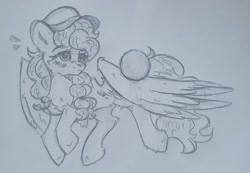 Size: 1280x884 | Tagged: safe, artist:starkey, imported from derpibooru, oc, pegasus, pony, ball, braided tail, cap, full body, hat, monochrome, sketch, solo, tail, traditional art