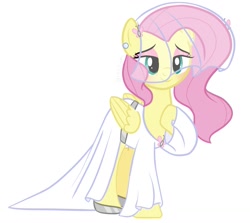 Size: 1235x1100 | Tagged: safe, artist:pippblossom, artist:sailorrainbow, imported from derpibooru, fluttershy, pegasus, pony, base used, blushing, clothes, dress, ear piercing, earring, eyeshadow, female, folded wings, full body, hoof on chest, hoof shoes, jewelry, lidded eyes, makeup, mare, piercing, simple background, smiling, solo, standing, wedding dress, wedding veil, white background, wings