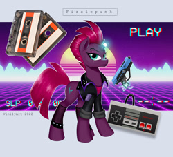 Size: 3424x3128 | Tagged: safe, artist:vinilyart, imported from derpibooru, fizzlepop berrytwist, tempest shadow, pony, unicorn, 80s, broken horn, compact cassette, glowing, glowing horn, gun, horn, nintendo entertainment system, retro, weapon