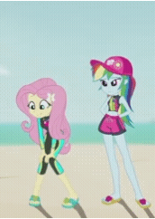 Size: 172x242 | Tagged: safe, edit, edited screencap, imported from derpibooru, screencap, fluttershy, rainbow dash, human, aww... baby turtles, equestria girls, equestria girls series, animated, beach, cap, clothes, cropped, duo focus, female, fluttershy's wetsuit, gif, hat, rainbow dash's beach shorts swimsuit, sandals, swimsuit, time-lapse