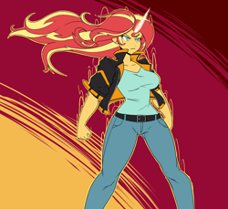 Size: 1970x1808 | Tagged: safe, artist:reiduran, imported from derpibooru, sunset shimmer, human, equestria girls, belt, big breasts, breasts, busty sunset shimmer, clothes, denim, female, glowing, glowing horn, horn, jacket, jeans, magic, pants, shirt, solo
