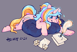 Size: 892x600 | Tagged: safe, artist:clovercoin, imported from derpibooru, oc, oc only, oc:oofy colorful, pony, unicorn, magic, paper, quill, solo, telekinesis