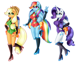 Size: 1280x1039 | Tagged: safe, artist:dazzlingmimi, imported from derpibooru, applejack, rainbow dash, rarity, anthro, earth pony, pegasus, unicorn, breasts, busty applejack, busty rainbow dash, busty rarity, clothes, flying, grin, jetpack, leotard, peace sign, simple background, smiling, transparent background