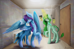 Size: 2700x1800 | Tagged: safe, artist:anastas, imported from derpibooru, oc, hybrid, original species, pegasus, pony, unicorn, bathroom, bird tail, blue fur, comb, commission, detailed background, duo, duo female, feather, feathered wings, female, green eyes, green fur, green hair, green mane, help, helping, markings, purple eyes, purple hair, purple mane, question mark, shower, spread wings, tail, wings