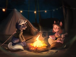 Size: 2048x1527 | Tagged: safe, artist:annna markarova, imported from derpibooru, oc, oc only, oc:naga, pony, unicorn, campfire, camping, commission, complex background, cute, female, fire, guitar, musical instrument, night, string lights, tent, ukulele