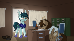 Size: 3568x2007 | Tagged: safe, artist:moonatik, imported from derpibooru, oc, oc:night watcher, oc:paper trail, pegasus, pony, alcohol, armor, chair, clothes, commission, curtains, desk, door, doorway, drunk, drunk bubbles, holster, male, night guard, office, onomatopoeia, pegasus oc, shirt, shoes, sitting, sleeping, sound effects, stallion, whiskey, wings, zzz