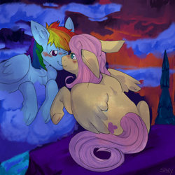 Size: 2000x2000 | Tagged: safe, artist:cinnamonsparx, imported from derpibooru, fluttershy, rainbow dash, pegasus, pony, blushing, cloven hooves, female, flutterdash, kissing, lesbian, one eye closed, shipping, smiling