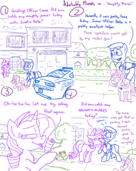 Size: 4779x6013 | Tagged: safe, artist:adorkabletwilightandfriends, imported from derpibooru, rarity, sweetie belle, oc, oc:officer connor, earth pony, pony, unicorn, comic:adorkable twilight and friends, adorkable, adorkable friends, automobile, car, comic, cute, dodge charger, dork, home, house, neighborhood, nervous, oblivious, officer, police, police car, ponyville police, saucy, seduction, seductive, seductive look, slice of life, temptation, temptress, tree