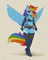 Size: 1600x2000 | Tagged: safe, artist:asimos, imported from derpibooru, rainbow dash, anthro, pegasus, plantigrade anthro, belt, blushing, boots, breasts, clothes, dagger, fantasy class, female, gloves, long gloves, midriff, rogue, sexy, shoes, skimpy outfit, small breasts, solo, spread wings, stupid sexy rainbow dash, thigh boots, weapon, wings