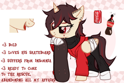 Size: 2548x1718 | Tagged: safe, artist:idkhesoff, imported from derpibooru, oc, oc:cola popper, alicorn, pony, alicorn oc, bandage, clothes, coca-cola, denim, ear piercing, earring, female, femboy, gold tooth, hoodie, horn, jeans, jewelry, lip piercing, male, mare, nose piercing, nose ring, open mouth, pants, piercing, pony oc, raised hoof, reference sheet, skateboard, socks, soda, solo, sweater, tattoo, tongue piercing, wings