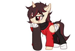 Size: 2548x1718 | Tagged: safe, alternate version, artist:idkhesoff, derpibooru exclusive, imported from derpibooru, oc, oc:cola popper, alicorn, pony, alicorn oc, bandage, clothes, coca-cola, denim, ear piercing, earring, female, femboy, hoodie, horn, jeans, jewelry, lip piercing, male, mare, nose piercing, nose ring, pants, piercing, pony oc, raised hoof, simple background, skateboard, socks, soda, solo, sweater, tattoo, transparent background, wings