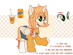 Size: 3473x2612 | Tagged: safe, artist:idkhesoff, imported from derpibooru, oc, oc:fruity fizz (fanta), alicorn, pony, alicorn oc, bandaid, bandaid on nose, clothes, coca-cola, denim, denim shorts, ear piercing, earring, fangs, fanta, female, flower, flower in hair, headphones, horn, jewelry, lip piercing, mare, markings, open mouth, piercing, raised hoof, reference sheet, shorts, socks, soda, solo, sweater, tattoo, wing piercing, wings