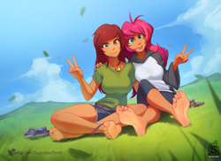 Size: 1500x1090 | Tagged: safe, artist:sugarlesspaints, imported from derpibooru, oc, oc only, oc:kara, oc:shampoo, human, :p, anklet, barefoot, belt, breasts, clothes, commission, cute, duo, duo female, feet, female, grass, hoodie, humanized, humanized oc, jewelry, leggings, nail polish, necklace, peace sign, sandals, shirt, shorts, t-shirt, toe ring, toenail polish, tongue out