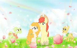 Size: 1360x854 | Tagged: safe, artist:swiftgaiathebrony, imported from derpibooru, bright mac, grand pear, granny smith, pear butter, afterlife, brightbutter, female, flower, food, male, meadow, pear, rainbow, shipping, straight, sun