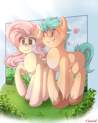 Size: 1570x1982 | Tagged: safe, artist:nanazdina, imported from derpibooru, fluttershy, hitch trailblazer, butterfly, earth pony, pegasus, pony, doodle, duo, duo male and female, female, g4, g5, ibispaint x, male, mare, stallion, unshorn fetlocks