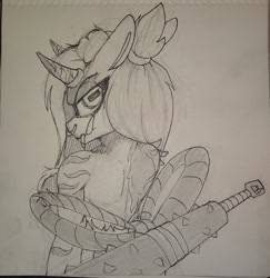 Size: 1693x1744 | Tagged: safe, artist:lockheart, imported from derpibooru, oc, oc only, monster pony, oni, pony, club (weapon), female, looking at you, looking back, looking back at you, mare, open mouth, pencil drawing, rectangular pupil, solo, spiked club, traditional art, weapon