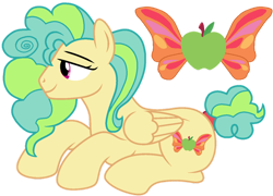 Size: 1024x738 | Tagged: safe, artist:lillyleaf101, imported from derpibooru, oc, oc:codling cabashea, pegasus, pony, lying down, magical lesbian spawn, male, offspring, parent:applejack, parent:fluttershy, parents:appleshy, prone, simple background, solo, stallion, transparent background